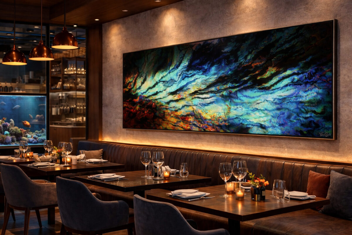 Oversized panoramic abstract wall art in modern seafood restaurant