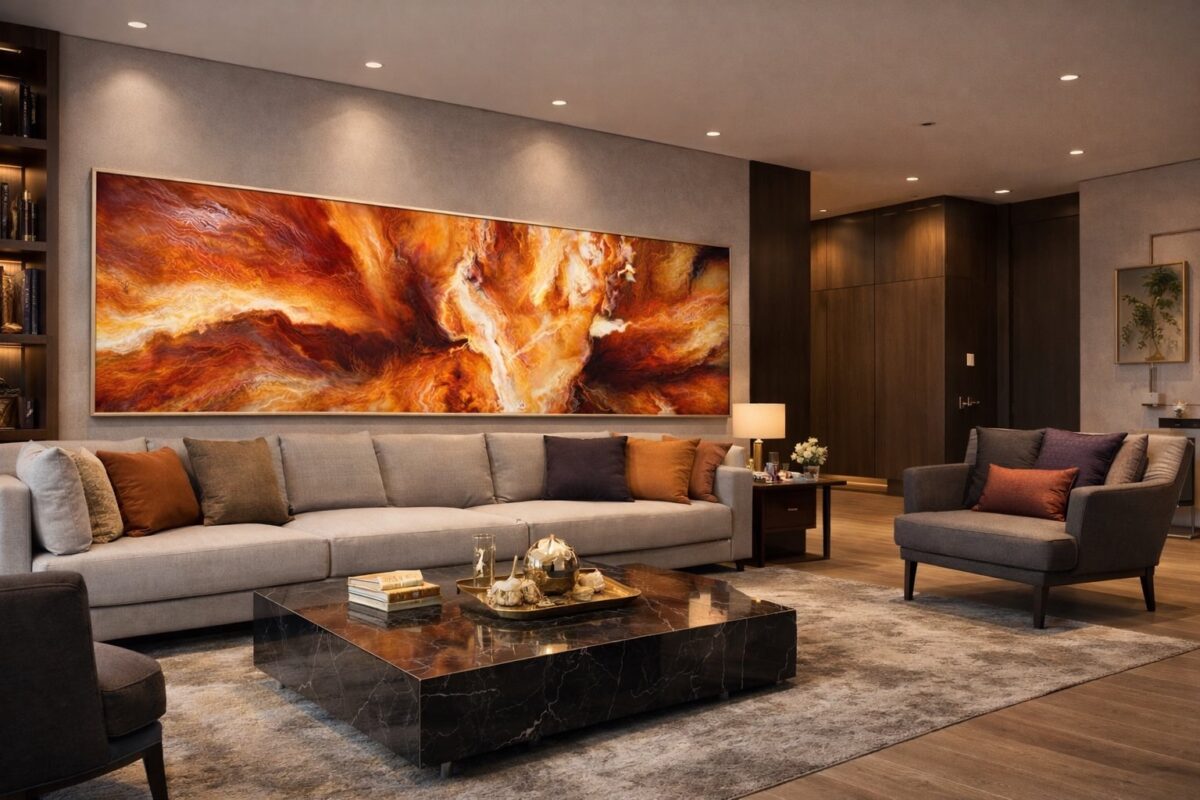 Large panoramic abstract wall art installed above a sofa in a contemporary living room interior.