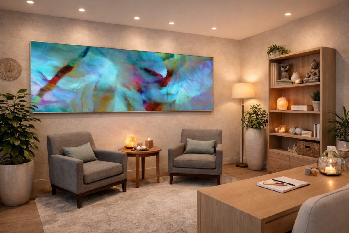 Large calming abstract artwork Secret Garden installed in a holistic therapy office