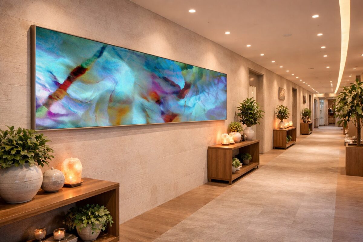 Secret Garden panoramic abstract wall art in a wellness retreat hallway interior