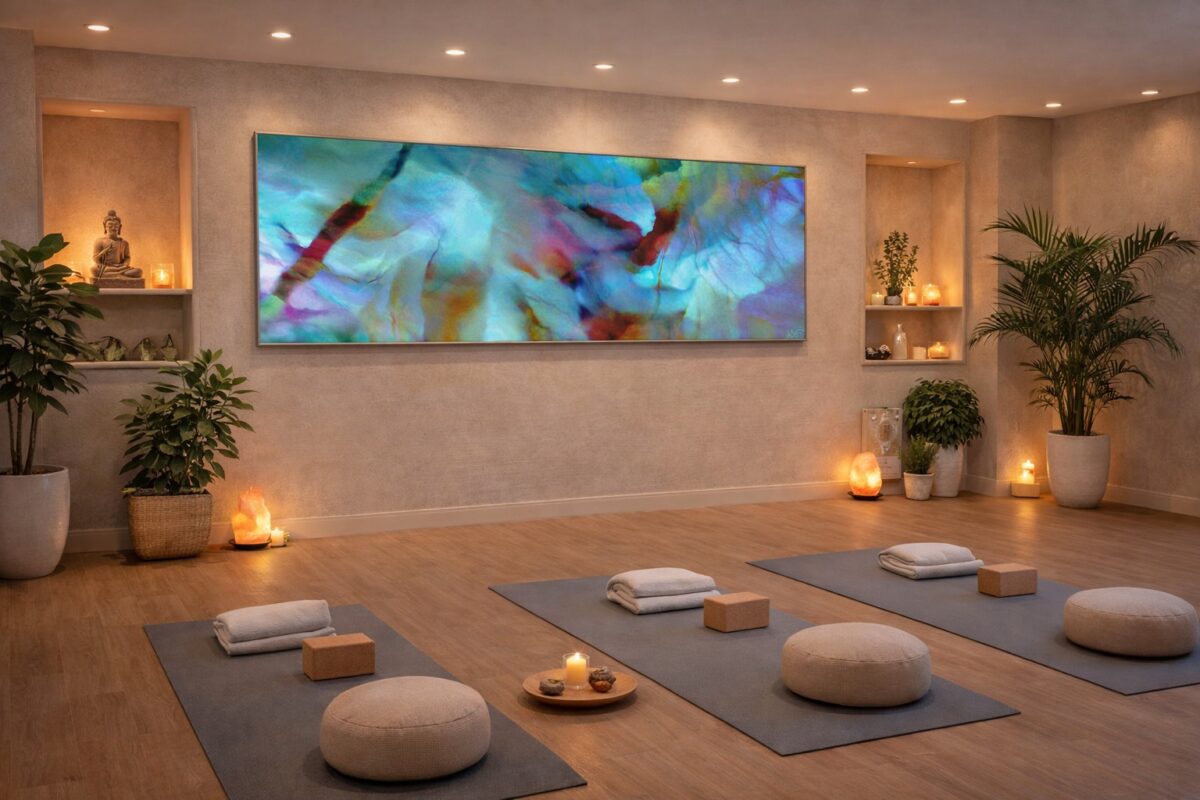 Large panoramic abstract artwork installed on a yoga studio wall.