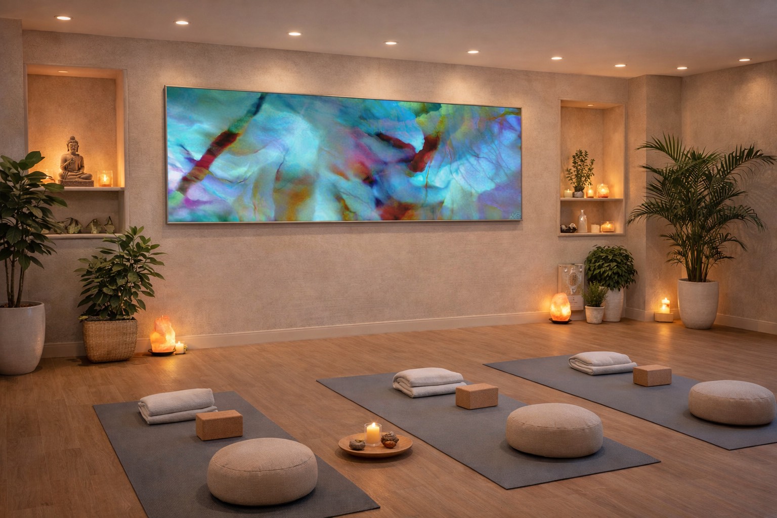 Large wide panoramic abstract artwork Secret Garden installed in a yoga studio meditation wall