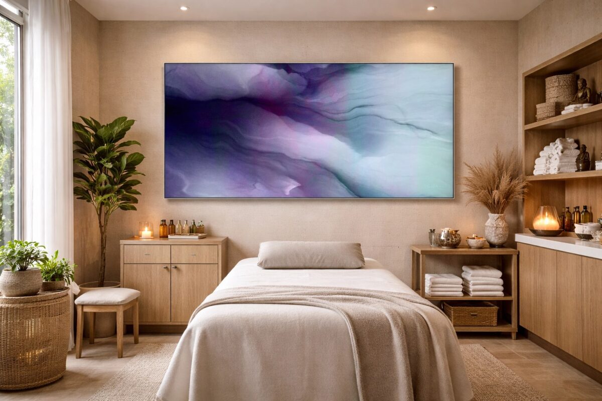 Large nature-inspired abstract artwork installed in a wellness acupuncture therapy room.
