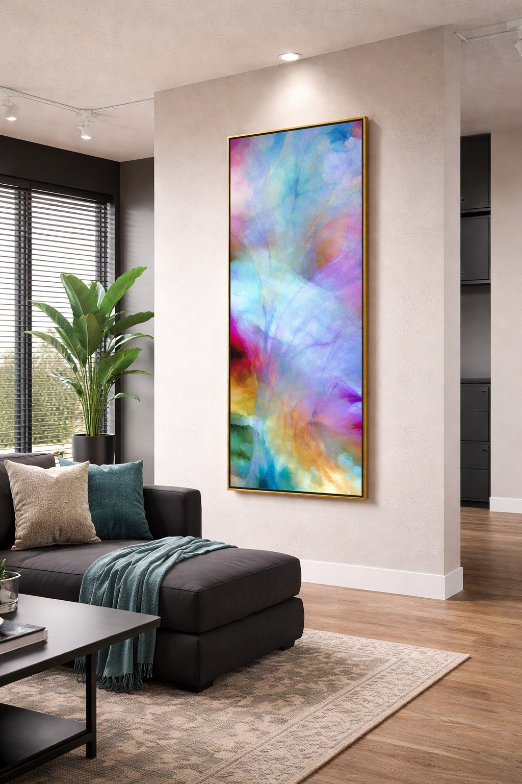 Tall vertical abstract contemporary wall art floral painting on living room sideway.