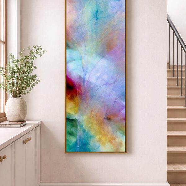 Large tall abstract contemporary wall art flower painting on sideway.