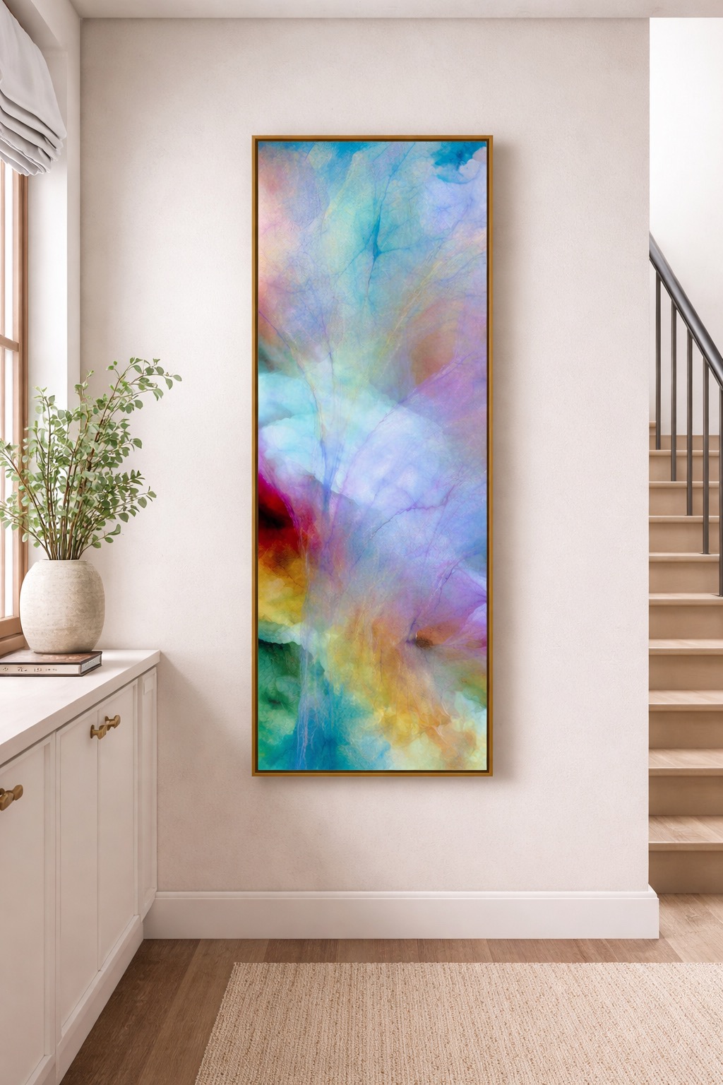 Large tall abstract contemporary wall art flower painting on sideway.