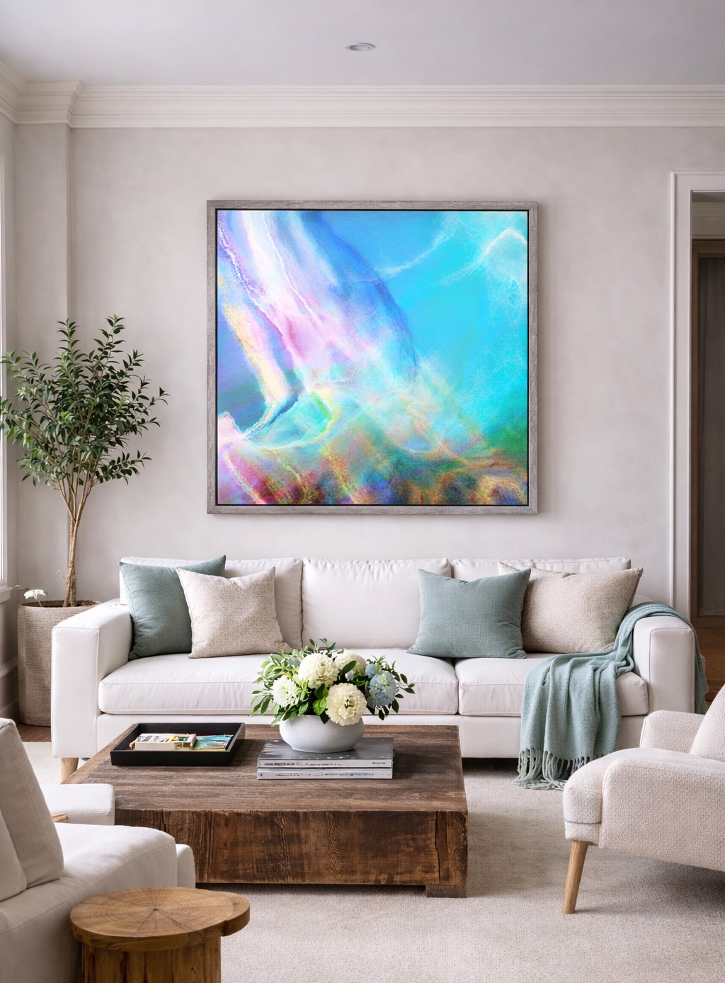 large contemporary abstract wall art painting framed Warm Seas